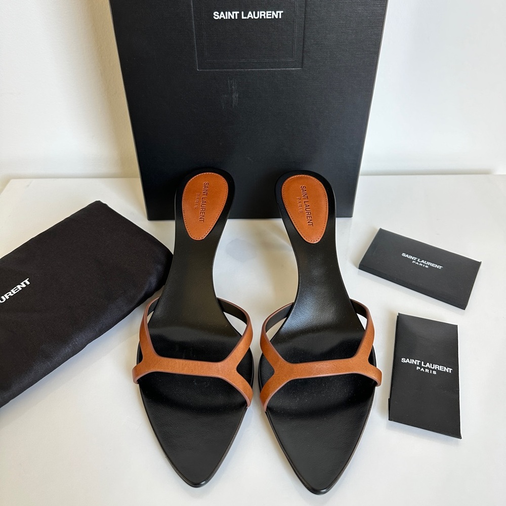 Saint Laurent Carla Black Leather Mules with Tan Straps - Picture 2 of 16